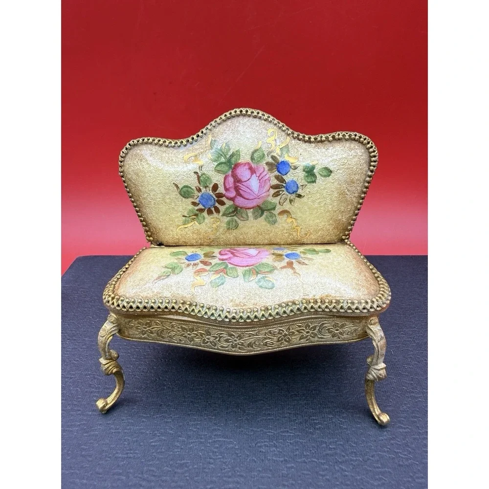 Antique Viennese Enamel Gold Miniature Dollhouse Settee And 2 Chairs Floral